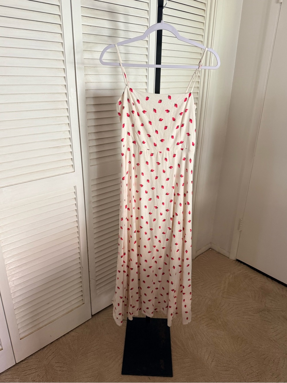 Wayf Cream Midi Dress with Red strawberries Print Spaghetti Straps